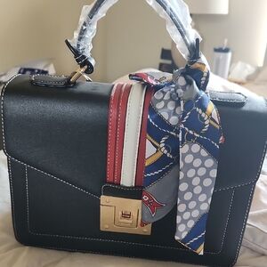 Elegant Black Handbag with Scarf Accent